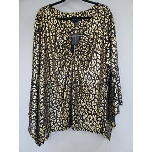 Ashley Stewart Top Womens 26/28 Black Leopard Blouse Keyhole‎ Neck Bell Sleeve